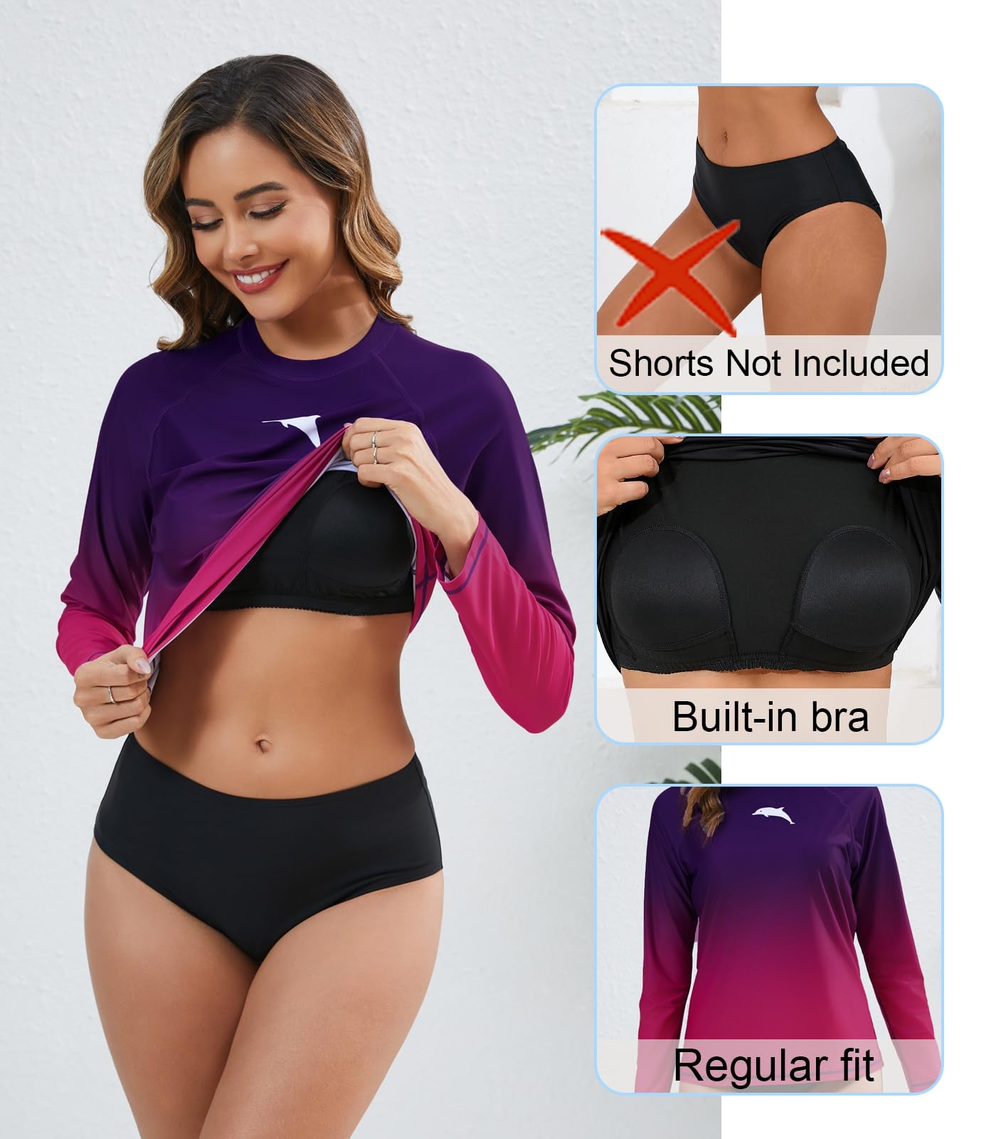 Halcurt Haut de bain à manches longues avec soutien-gorge intégré UPF50+ Protection solaire Maillot de bain à séchage rapide