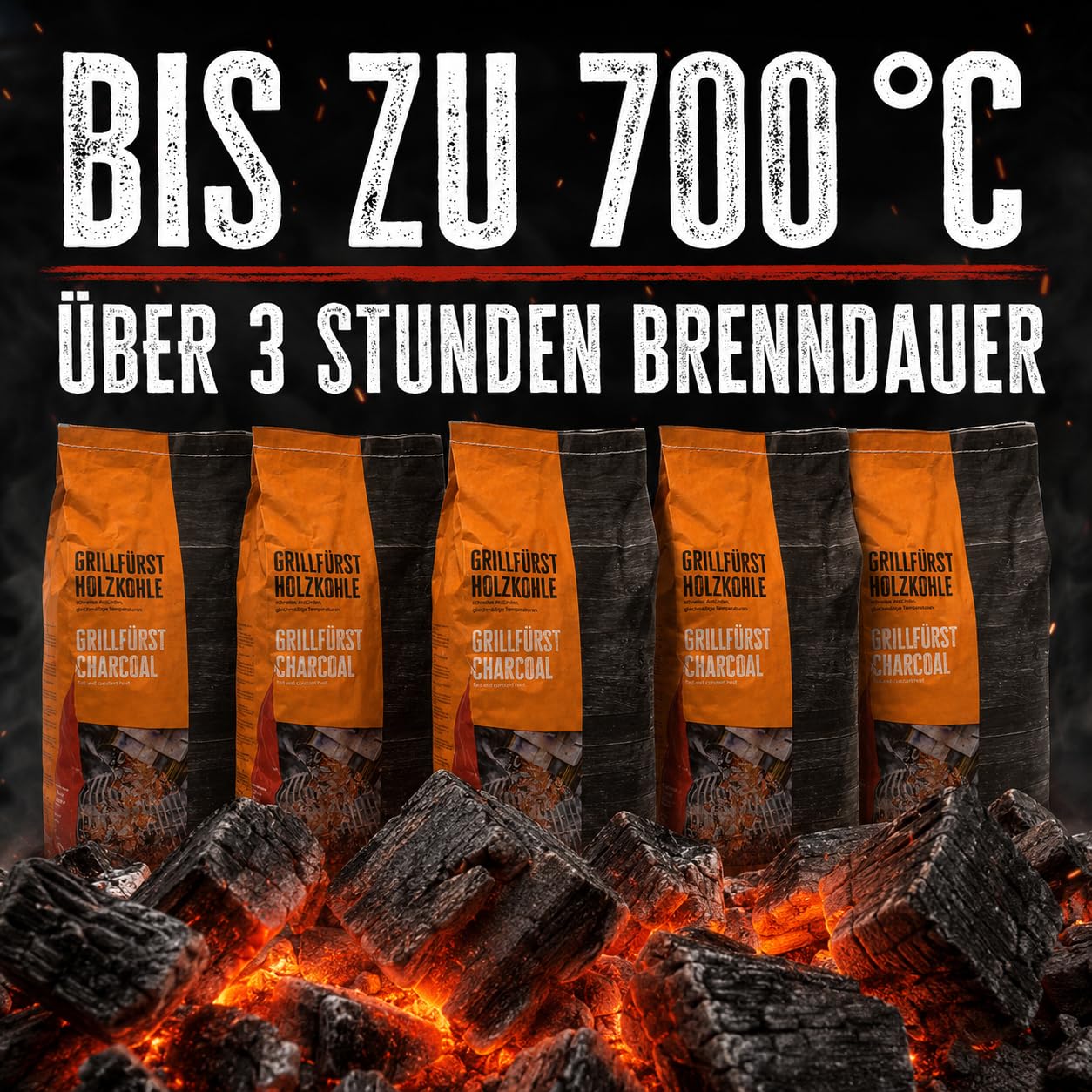 Grillfürst Holzkohle 25 kg - nachhaltige Holzkohle in großer Stückelung und mit hohem Brennwert, saubere und effiziente Verbrennung, 5 x 5 kg