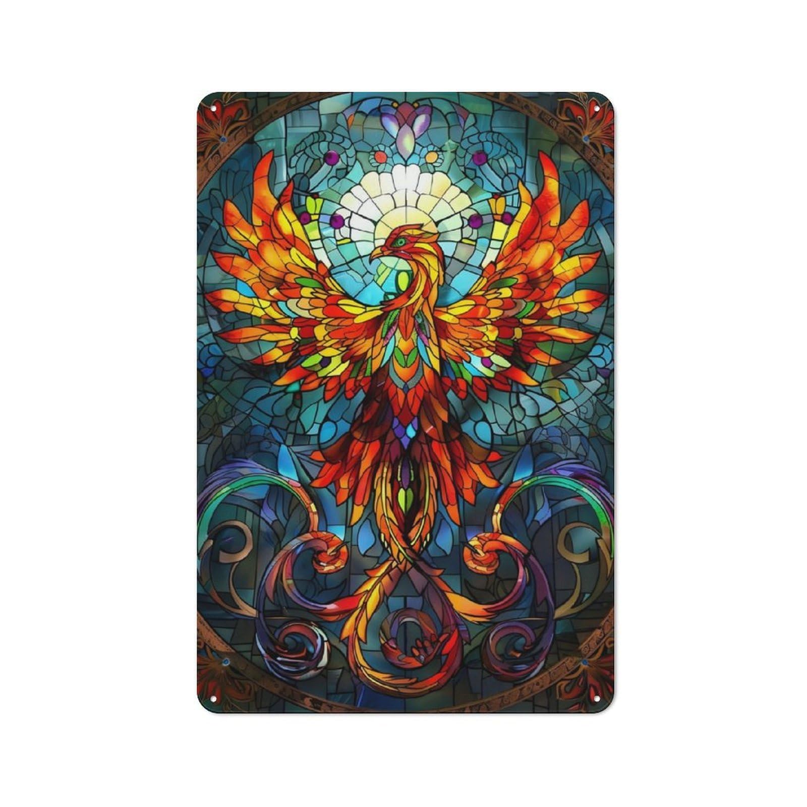 Junmoney Phoenix Stained Glass Retro Tin Sign 30X20cm For Man Cave Or Games Room, For Collectors Decorating Games Rooms And Man Caves
