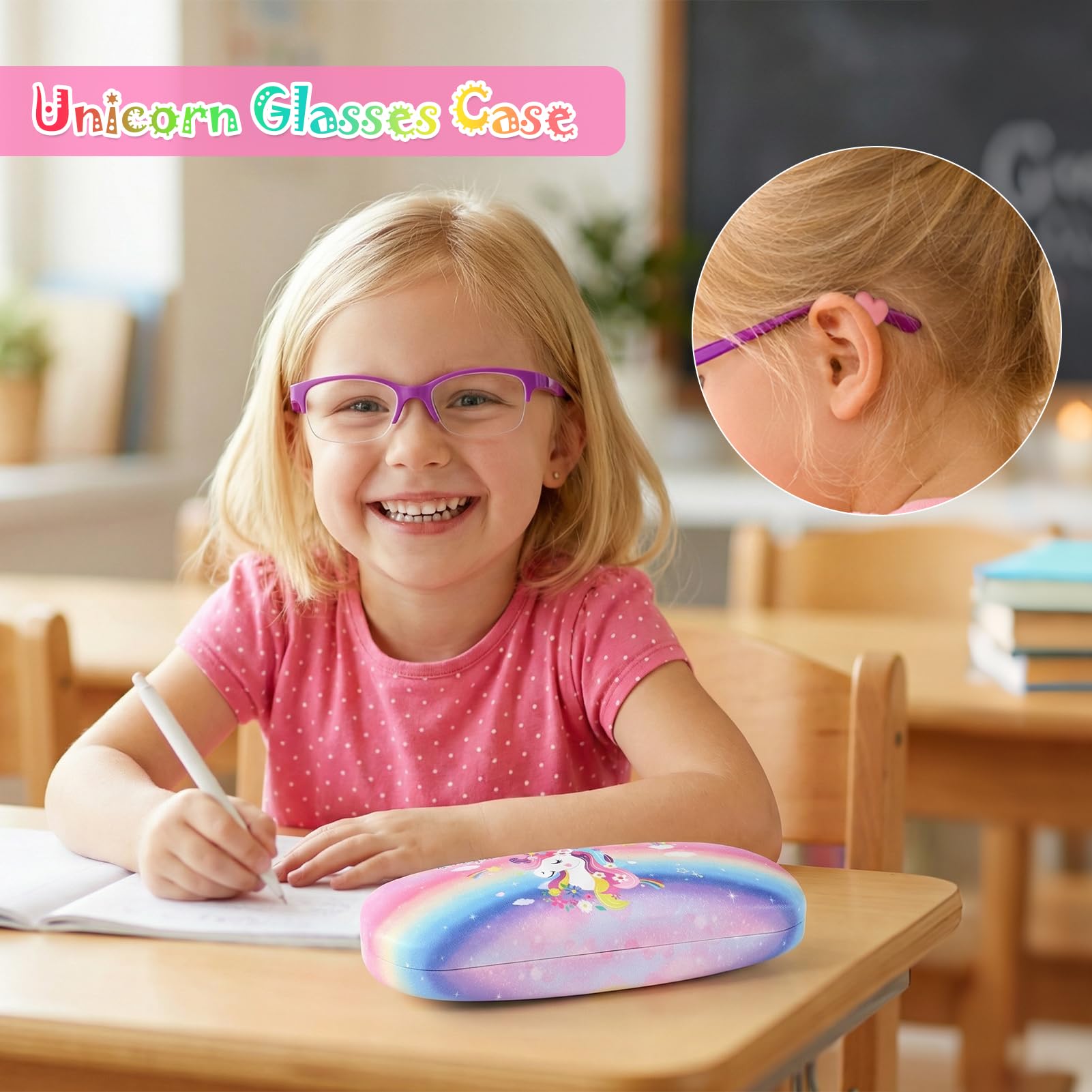 Unicorno Custodia Occhiali Rigida Bambina,Custodia Occhiali Morbida Cordino Ferma Occhiali Custodia Portatile per Ragazza Viaggio Studio