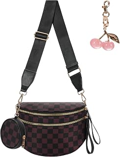 Checkered Crossbody Bum Bag for Women Water-resistan Nylon Fanny Pack Shoulder Bag with Coin Purses and Cherry