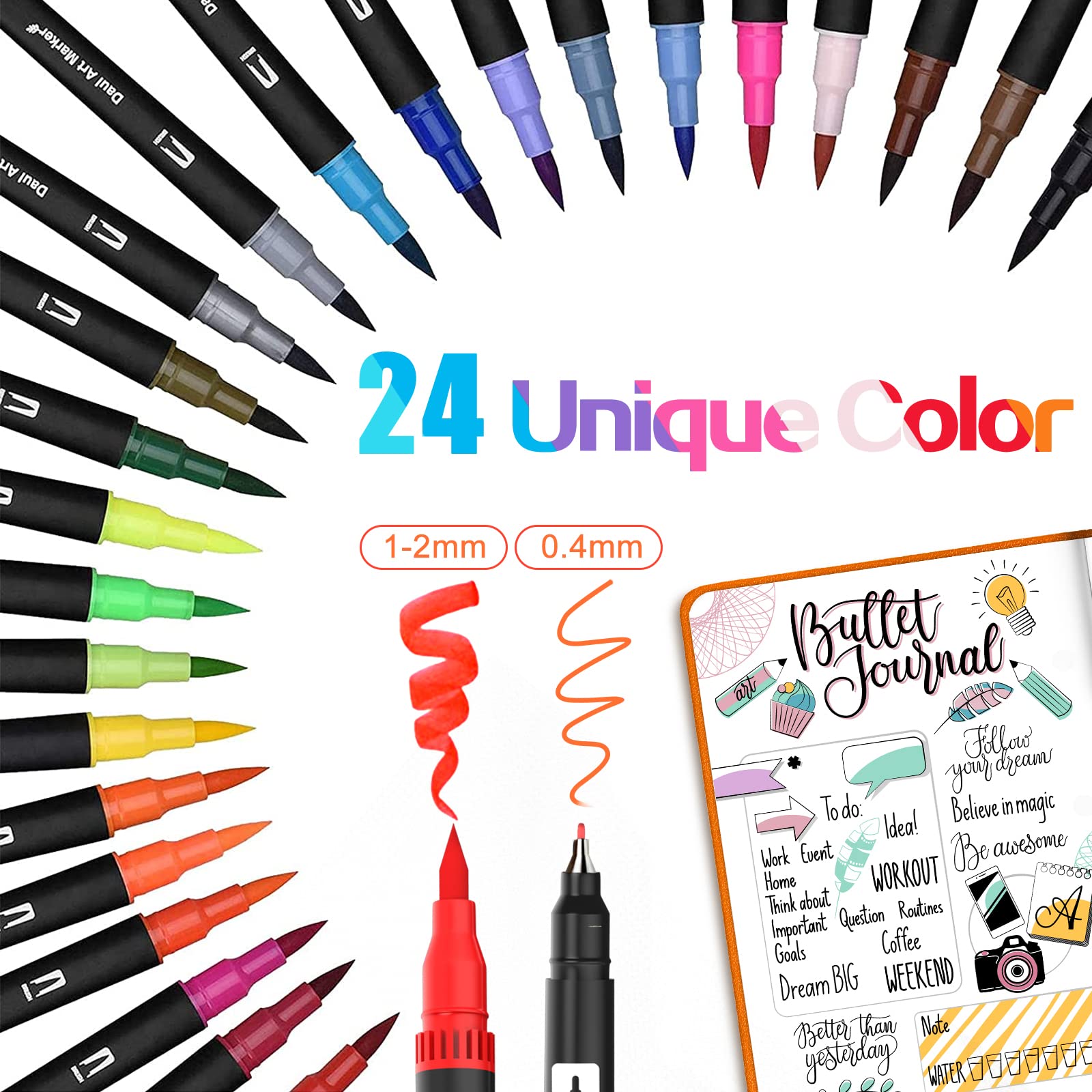 Stylos Aquarelle Dual Brush Pen COLOCASTLE - 24 Couleurs, Pointe Pinceau Et Fine - Idéal Mandala, Calligraphie, Manga