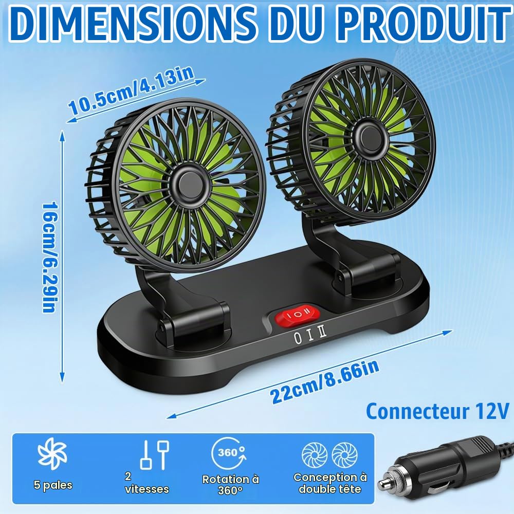 Auto-Ventilateur, 12V Double Tête Ventilateur Auto, Ventilateur Voiture avec Rotation 360° et 2 Vitesses – Se branche sur l'allume-cigare pour SUV, camping-cars, quads et bateaux