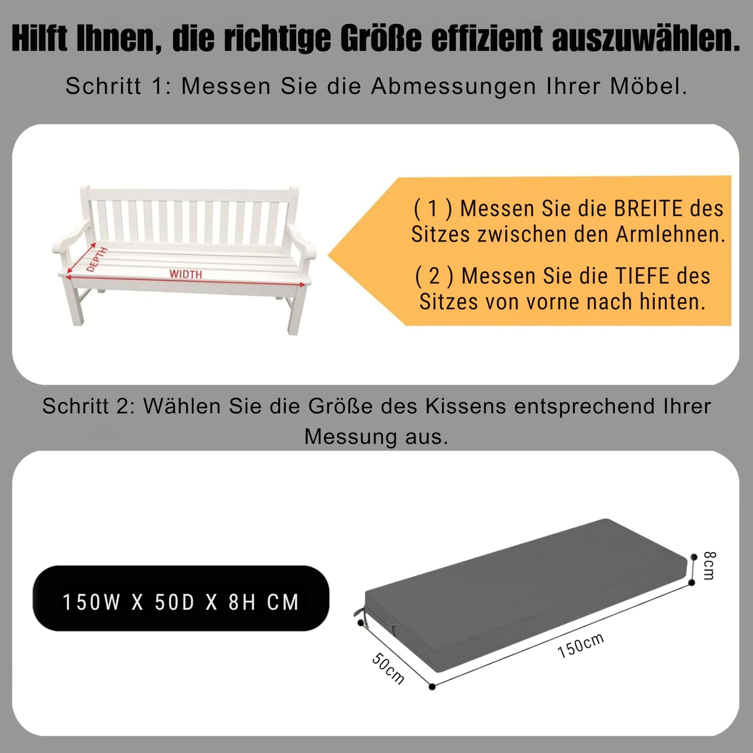 Bankauflage Outdoor, Bequeme Schaumstoff Bankkissen Sitzauflage, Wasserdicht Sitzkissen, Hollywoodschaukel Auflagen mit Bändern, Verdicktes Polster für Gartenmöbel 150x50 cm, Grau