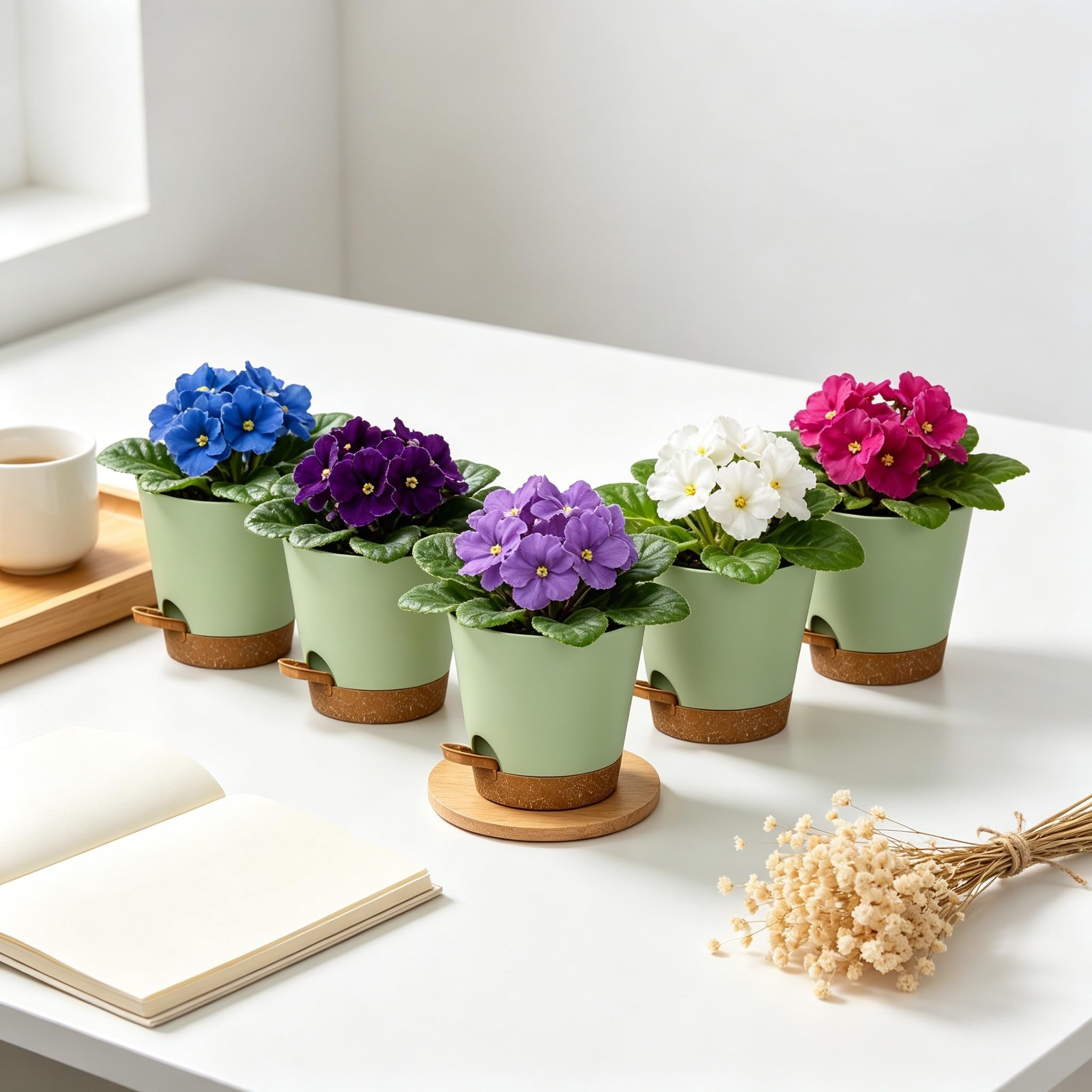 Lot de 5 pots de fleurs à arrosage automatique de 12,7 cm avec trous de drainage et réservoir - Pots de fleurs modernes en plastique pour intérieur et extérieur (vert marron)