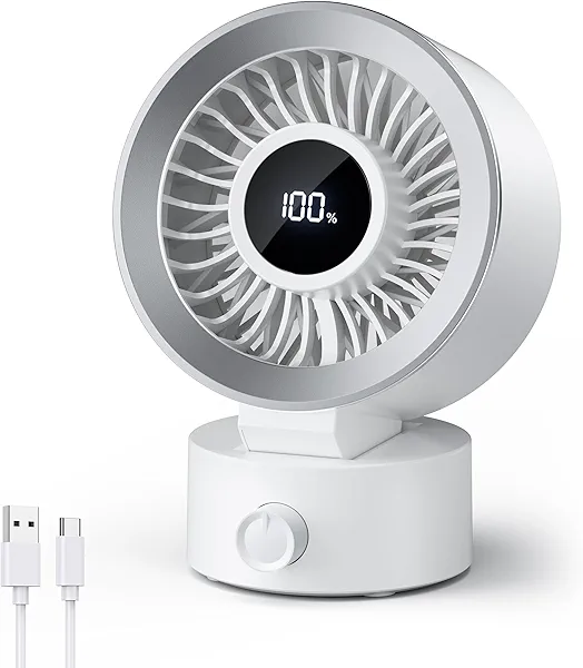 CIVPOWER Desk Fan Small Quiet: Table Fan Rechargeable with 1200mAh Battery & USB Powered, Portable for Office Bedroom Home Desktop, Digital Display, 30° Tilt Adjustable, 100 Speeds, White