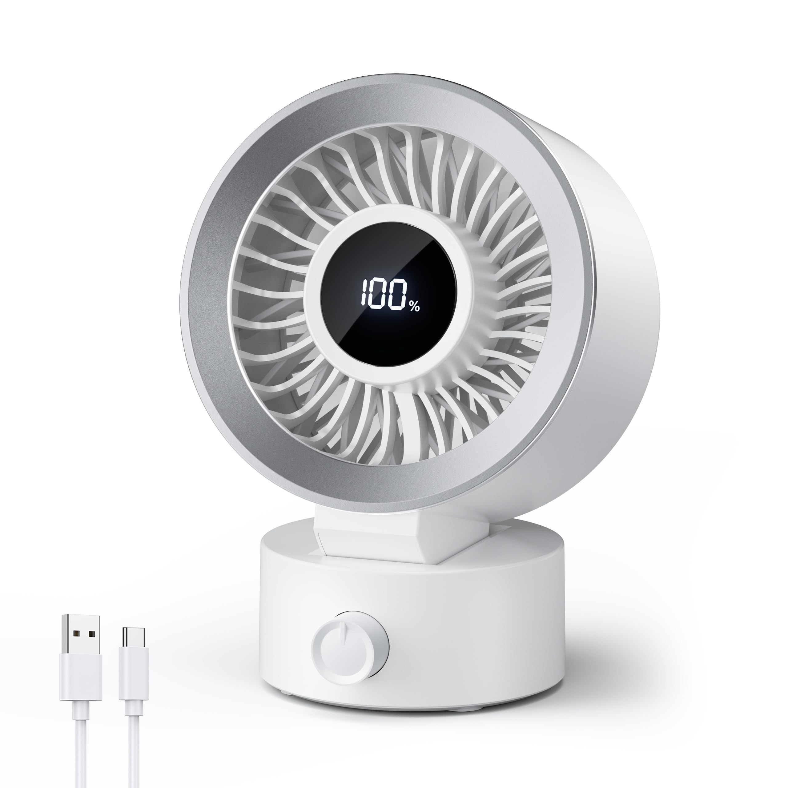 Ventilador de escritorio pequeño silencioso: ventilador de mesa recargable con batería de 1200 mAh y alimentado por USB, portátil para oficina, dormitorio, escritorio en casa, pantalla