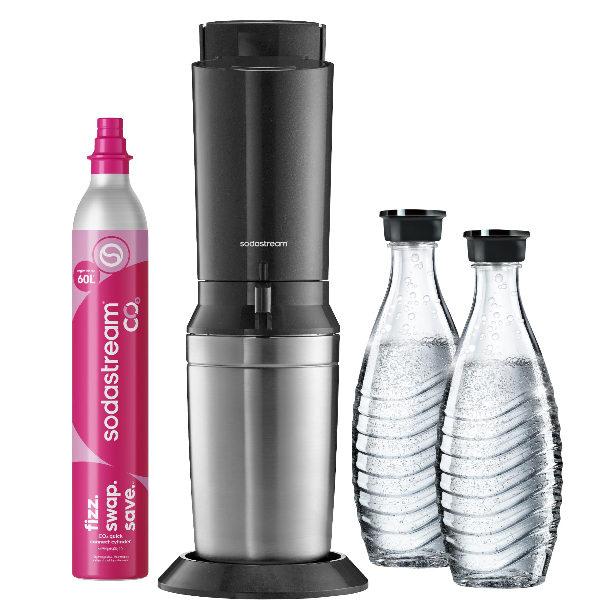 SodaStream Crystal 3.0 Wassersprudler mit Glaskaraffe, Quick-Connect CO2-Zylinder, 2x 0,7 L Glaskaraffen, Grau