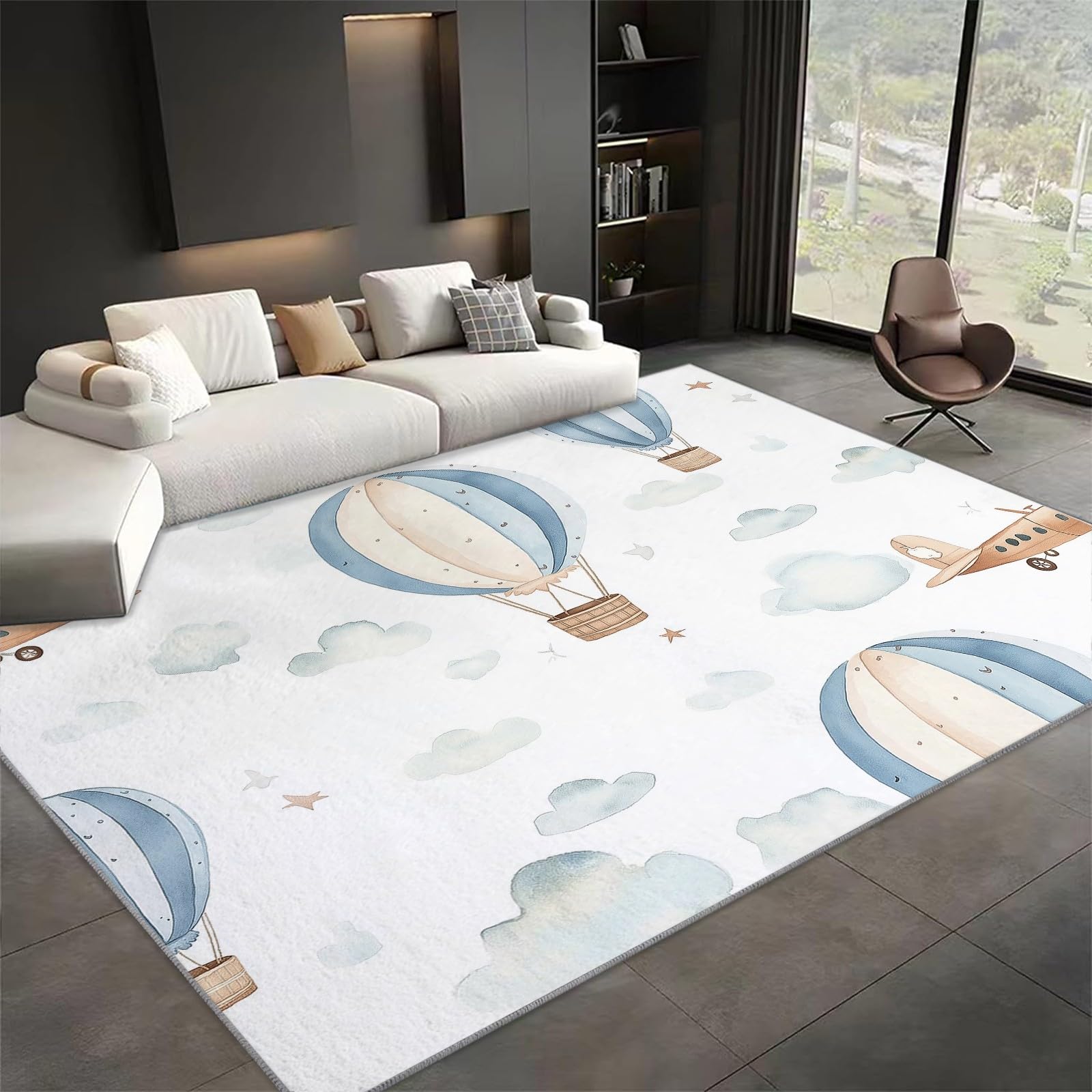 Generico Tappeto Salotto 120x180cm Aeroplano Dell'Acquerello Mongolfiera Tappeto pelo corto Camera da letto Cucina Soggiorno cameretta sala camera Tappeti moderni lavabile antiscivolo
