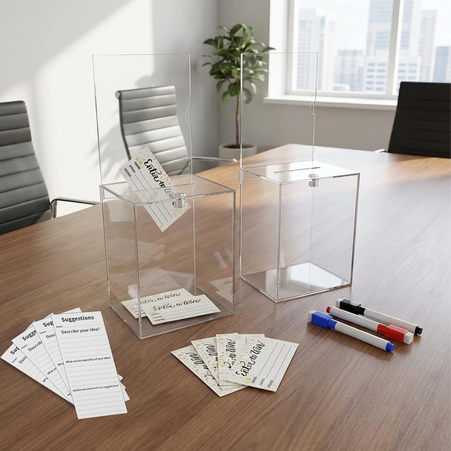 2 Pcs Tall Acrylic Donation Box with Lock, Sign Plate and Raffle Tickets, 6.7 x 5 x 8 Inch Suggestion Box, Clear Ballot Container for Business, Public Events