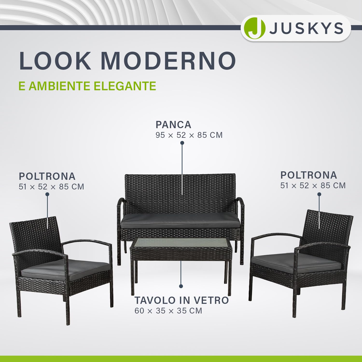 Juskys Set di mobili da giardino in polyrattan Trinidad con tavolo, divano e 2 sedie - 4 persone - Cuscini grigi - Mobili da balcone Salottino Set da balcone Giardino Balcone