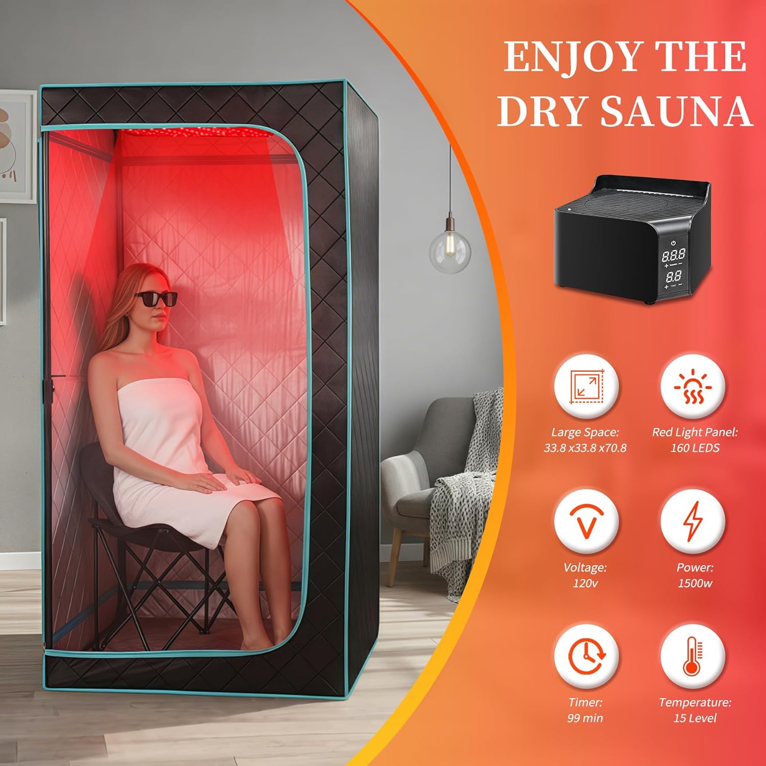 Portable Sauna with Red Light Therapy Home Sauna Tent with 145 Dry Heating Box, Simple Control, Foldable Chair Included for Relaxation, Large Space 33.8 * 33.8 * 70.8