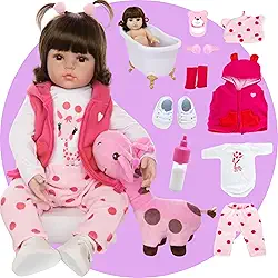 Boneca Bebê Reborn Menina Realista de Silicone com Girafinha Rosa e Roupas de Luxo 48 cm Pode Tomar Banho