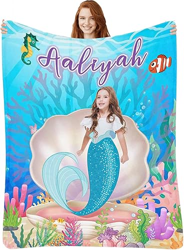 Artsadd Manta personalizada con nombre para niños, manta de foto personalizada, regalos de sirena para niñas, manta personalizada de sirena para