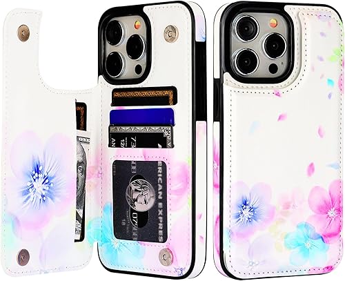 HAOPINSH Funda tipo cartera para iPhone 15 Pro Max con soporte para tarjetas, diseño de flores pálidas en la parte trasera, de piel sintética, con