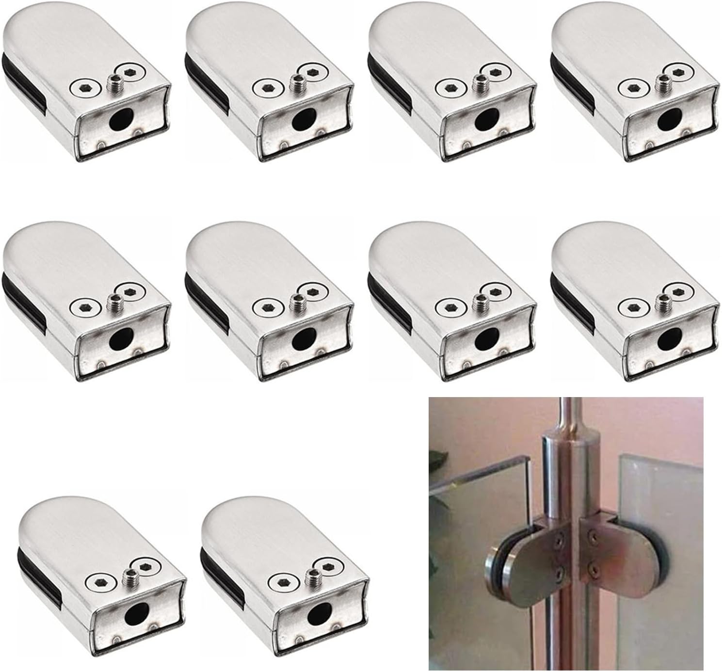 10pcs Stainless Steel Round Glass Clamp, 8-10-12mm Glass Clip Clamp, with Rubber Gaskets U-Clamp, Pool Fence Glass Mounting Brackets, for Balustrade Staircase Handrail