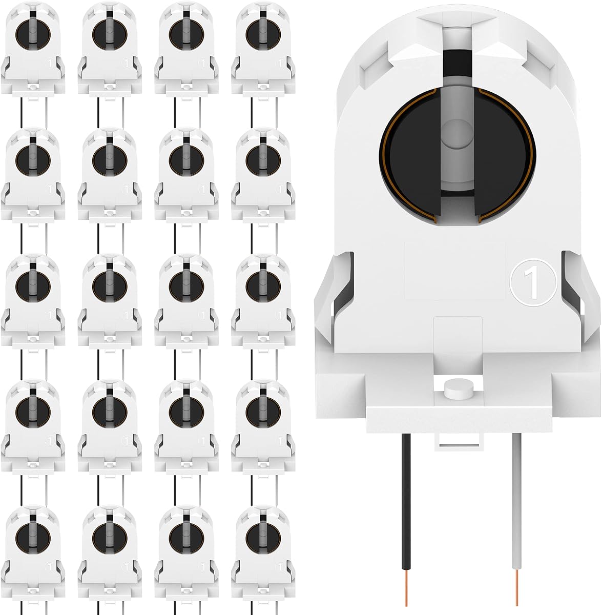 Paquete de 20 portalámparas JACKYLED tipo tornillo T8 con cables, toma de luz de lápida sin derivación UL para reemplazos de tubos fluorescentes LED