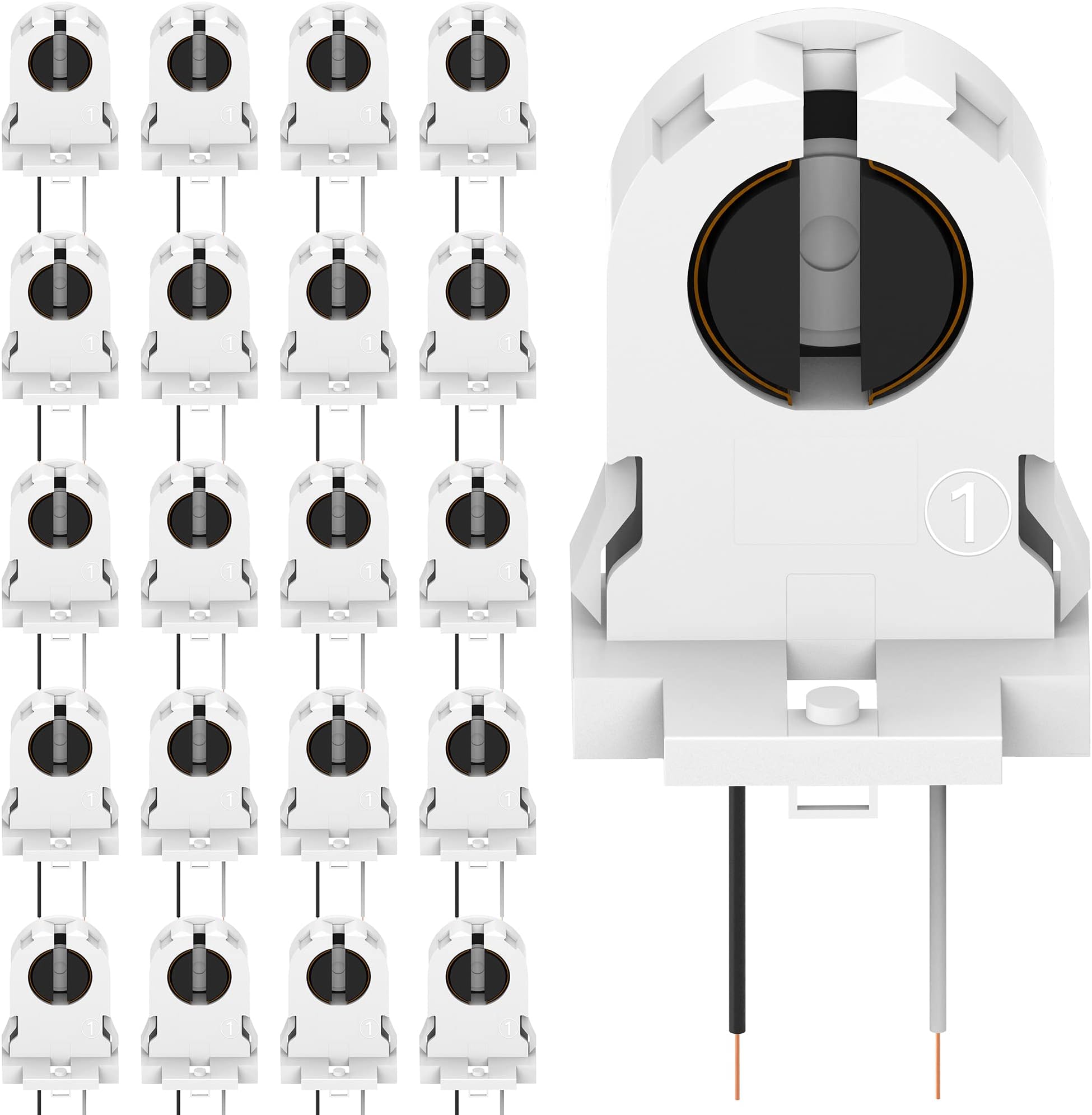 20-Pack JACKYLED Screw Type T8 Lamp Holder with Wires UL Non-shunted Tombstone Light Socket for LED Fluorescent Tube Replacements