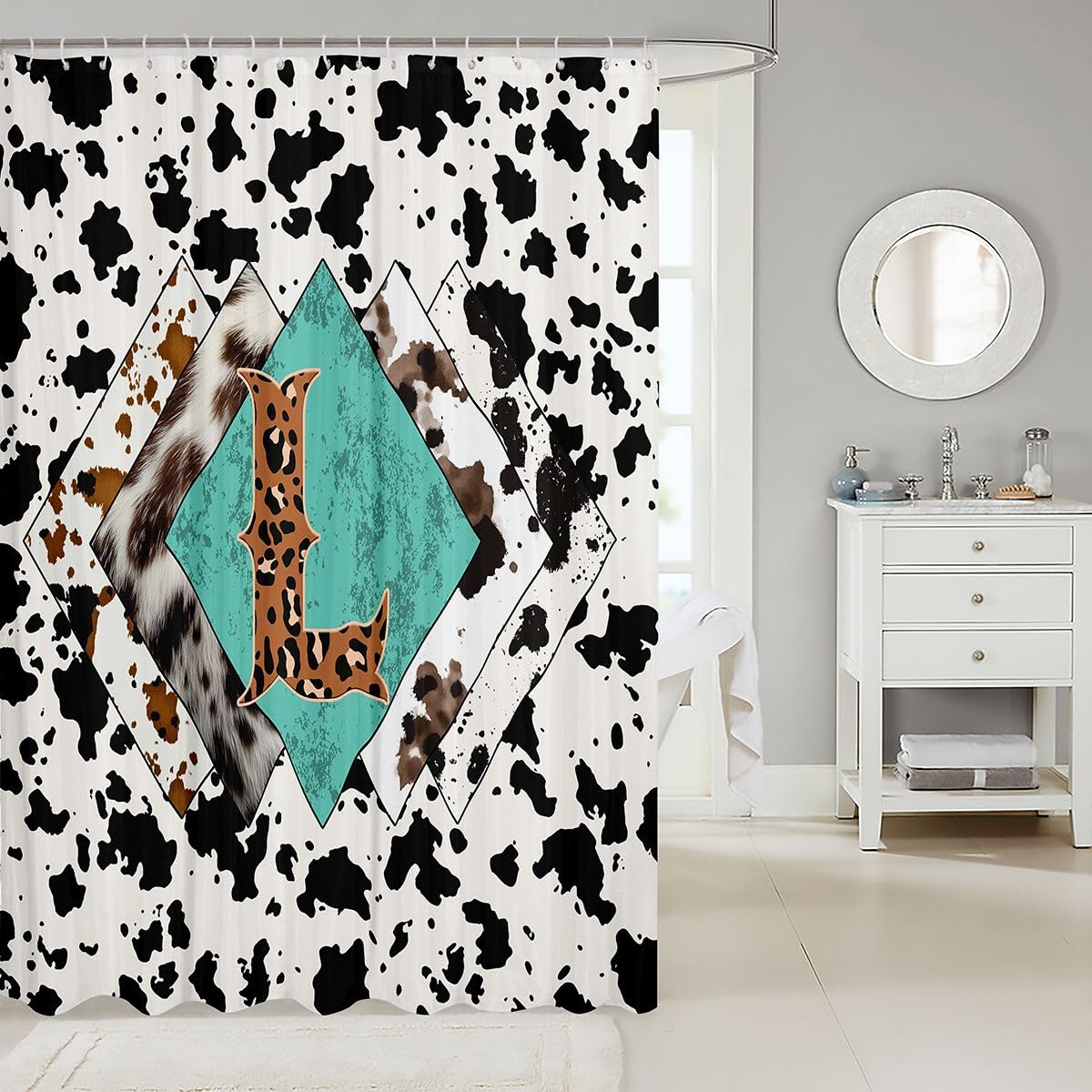 Rideau de douche lettre L taille L léopard monogramme alphabet imprimé cuir de vache rideau de bain pour adultes style rustique rustique rideaux de bain imperméables avec 12 crochets pour baignoire
