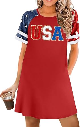 YI XIANG RAN 4th of July Dress Women American Flag Dresses USA Stars Stripes Shirt Patriotic Tshirt Summer Sundress