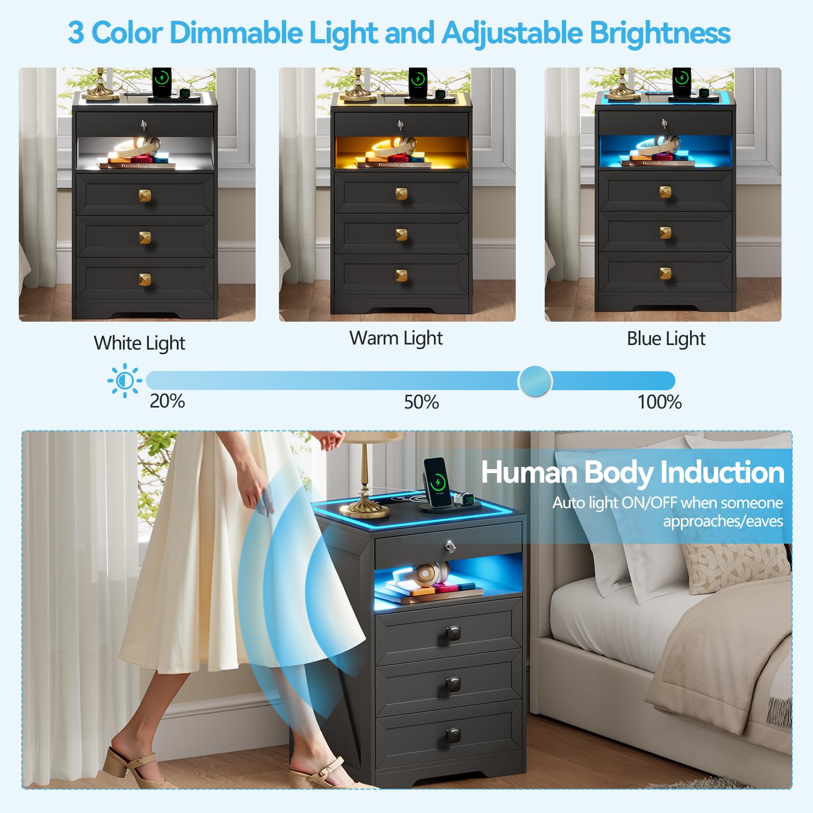 Gurexl Smart Nachttisch mit mit USB Ladefunktion & Kabelloses Laden,LED Nachtschrank mit Bewegungsmelder und Versteckte Schubladen,Intelligent Sideboard mit Glastischplatte für Schlafzimmer,Grau