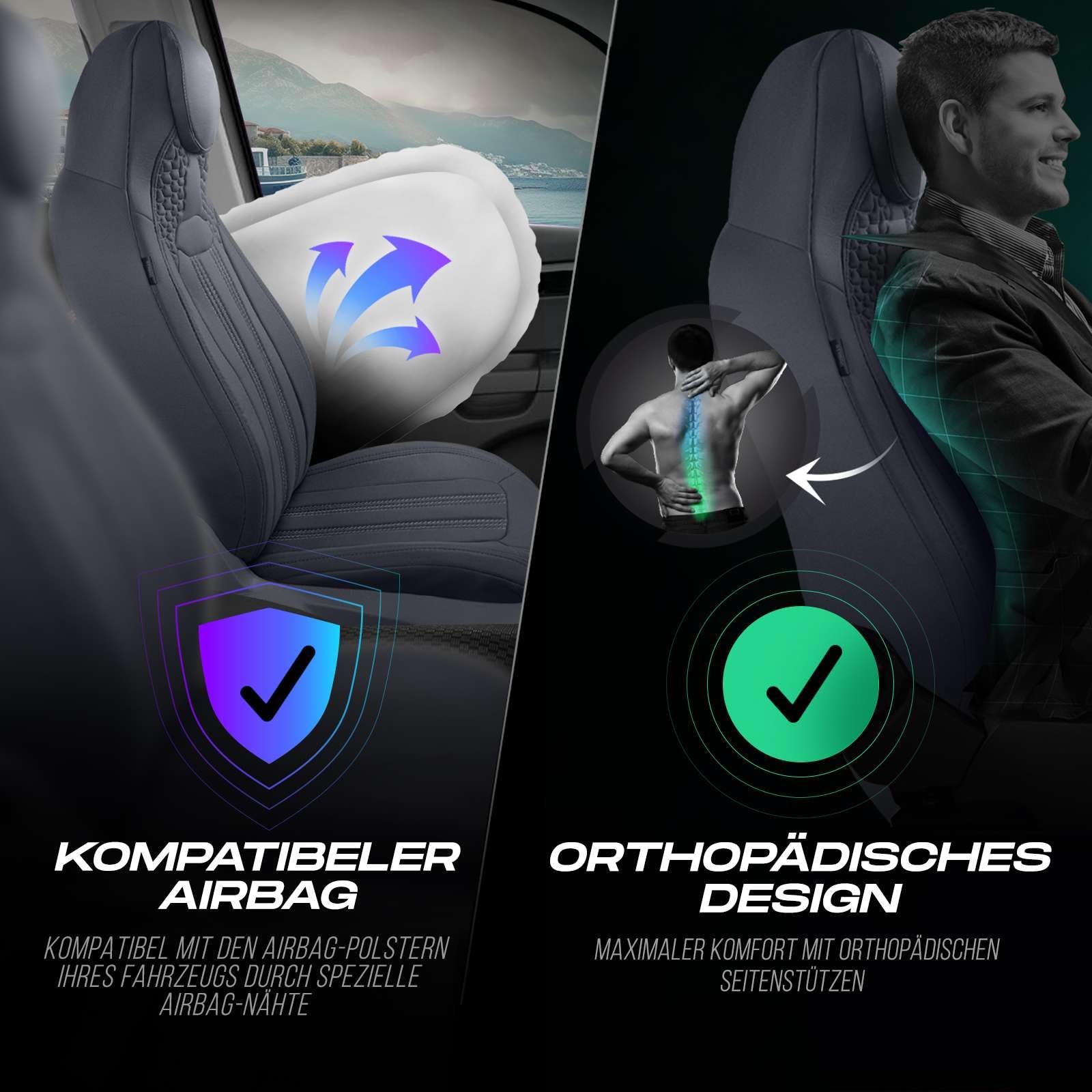 Autositzbezüge Universal für PKW & SUV – Premium Vordersitze Auto Sitzbezug aus Lacoste-Stoff, Rauchgrau, Airbag-Kompatibel Sitzauflage, Autoschonbezug, Vordersitz-Set inkl. Montageset