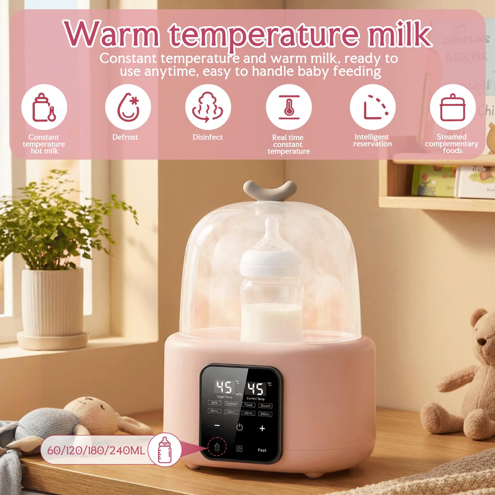 6 in 1 Flaschenwärmer Baby, Sterilisator für Babyflasche, Flaschenwärmer, Babyflaschen Wärmer, Vaporisator für Babyflasche, Babykostwärmer mit Flaschenbürste und Clip (Rosa)