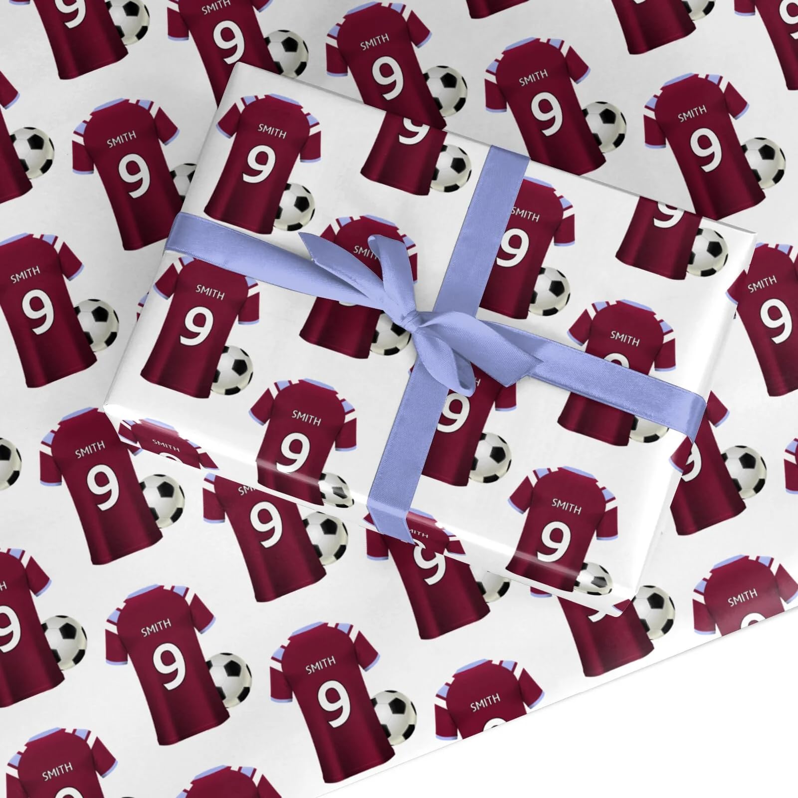 Claret & Blue Personalised Football Shirt Wrapping Paper Custom Birthday Gift Wrap - For Him Mens Dad Father's Day Christmas Boys Kids Adult - Any Name & Number - Small Roll (50cm x 2.2m)