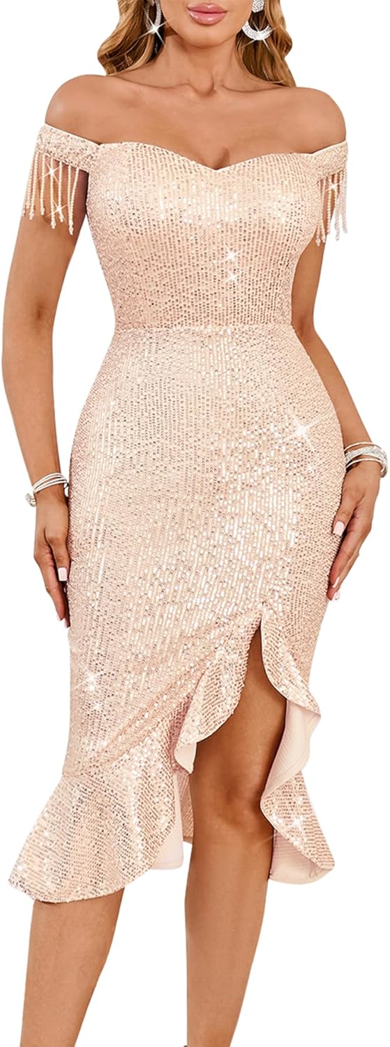 Women Strapless Sequin Cocktail Dress–Mesh Panel Bodycon Mini Dress for Party, Night Out
