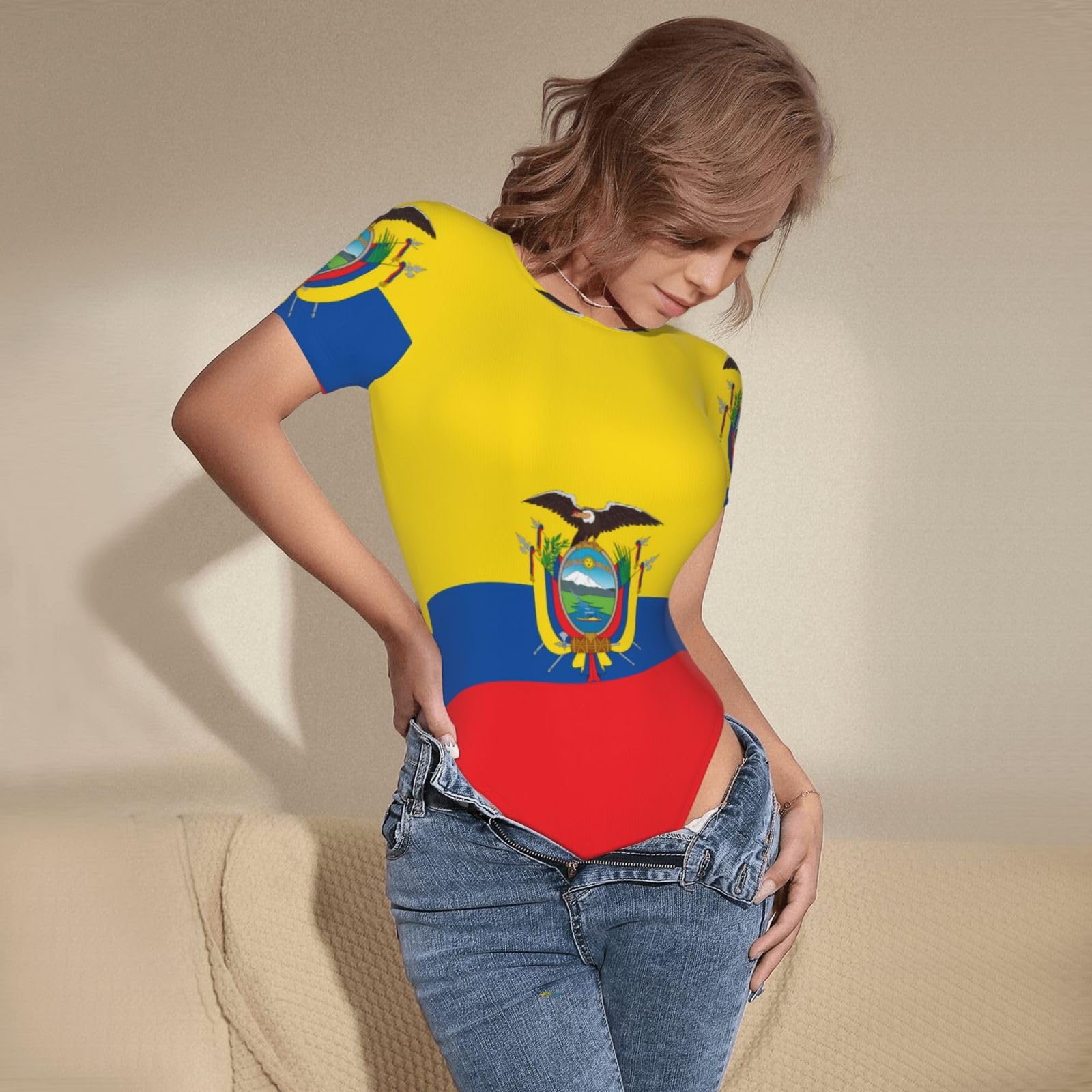 Body de manga corta con estampado de bandera de Ecuador para mujer, ropa transpirable para primavera y verano