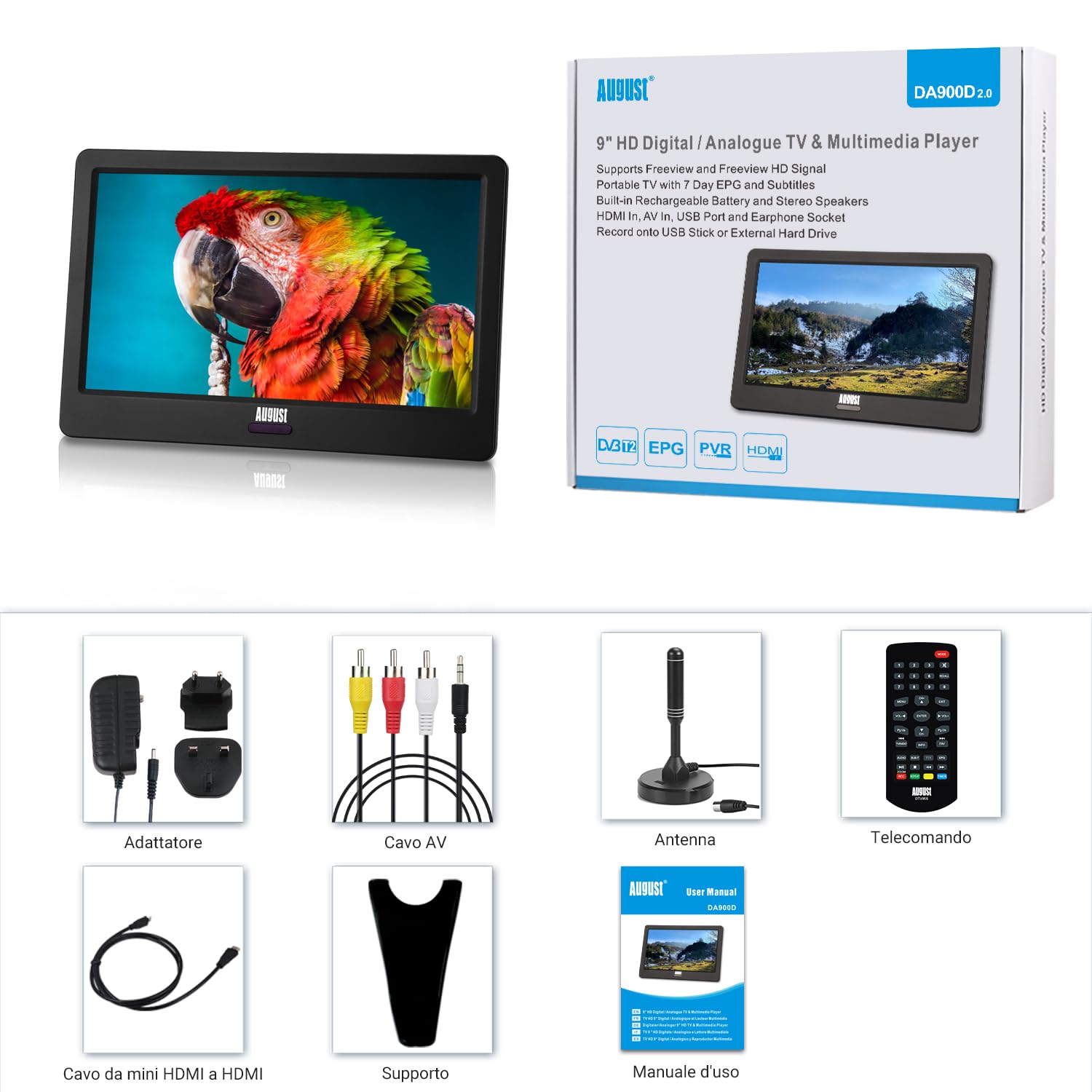 August DA900D TV portatile 9" ricaricabile Freeview HD con registratore | EPG 7 giorni e sottotitoli, lettore USB, HDMI/AVI in, audio in/out, 12V/rete, mini TV per camper e casa