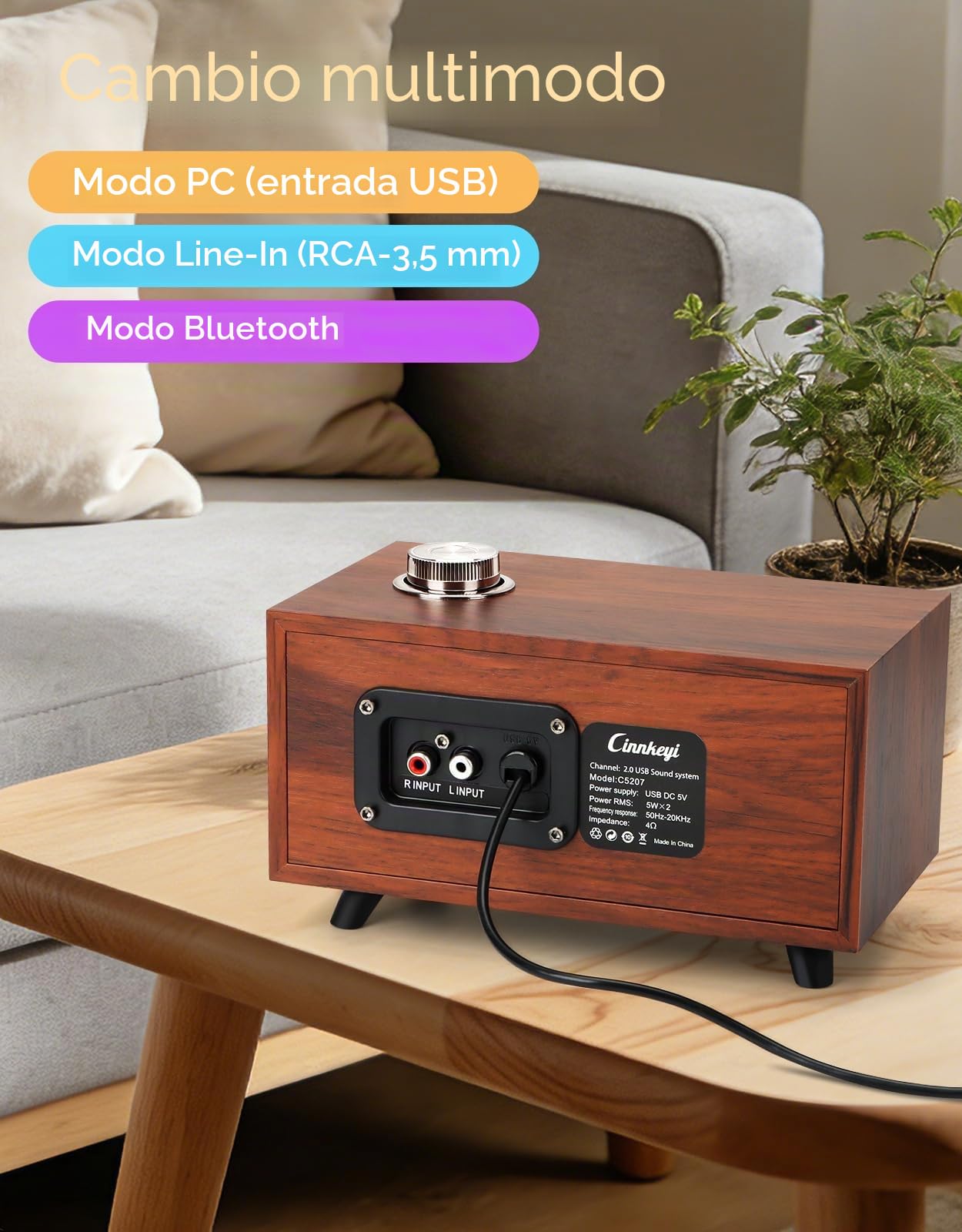 Altavoces de madera para computadora con barra de sonido – Altavoces de PC alimentados por USB | /Line-in/Bluetooth, 3 modos, barra de sonido de madera para laptop, altavoz estéreo compacto