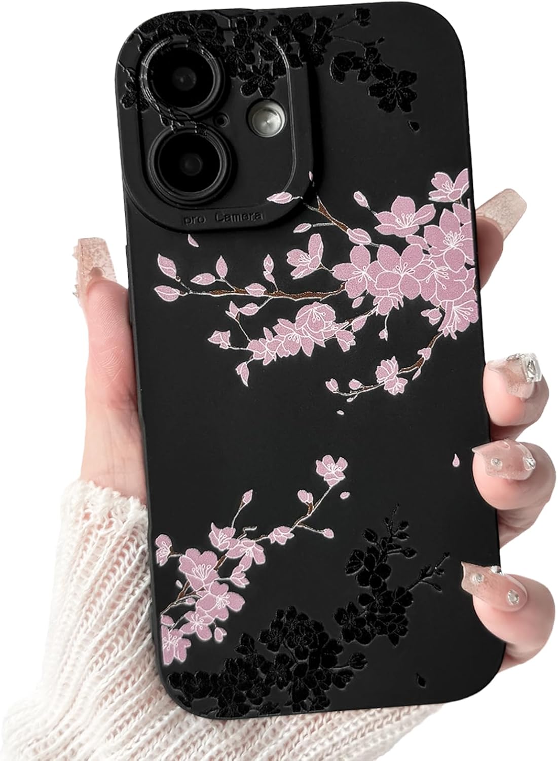 NITITOP Compatible with iPhone 16 Case Cute Aesthetic Cherry Blossom Pattern Design for Women Girls Soft TPU Shockproof Full Camera Protective Phone Cover - Black Pink Black Pink iPhone 16