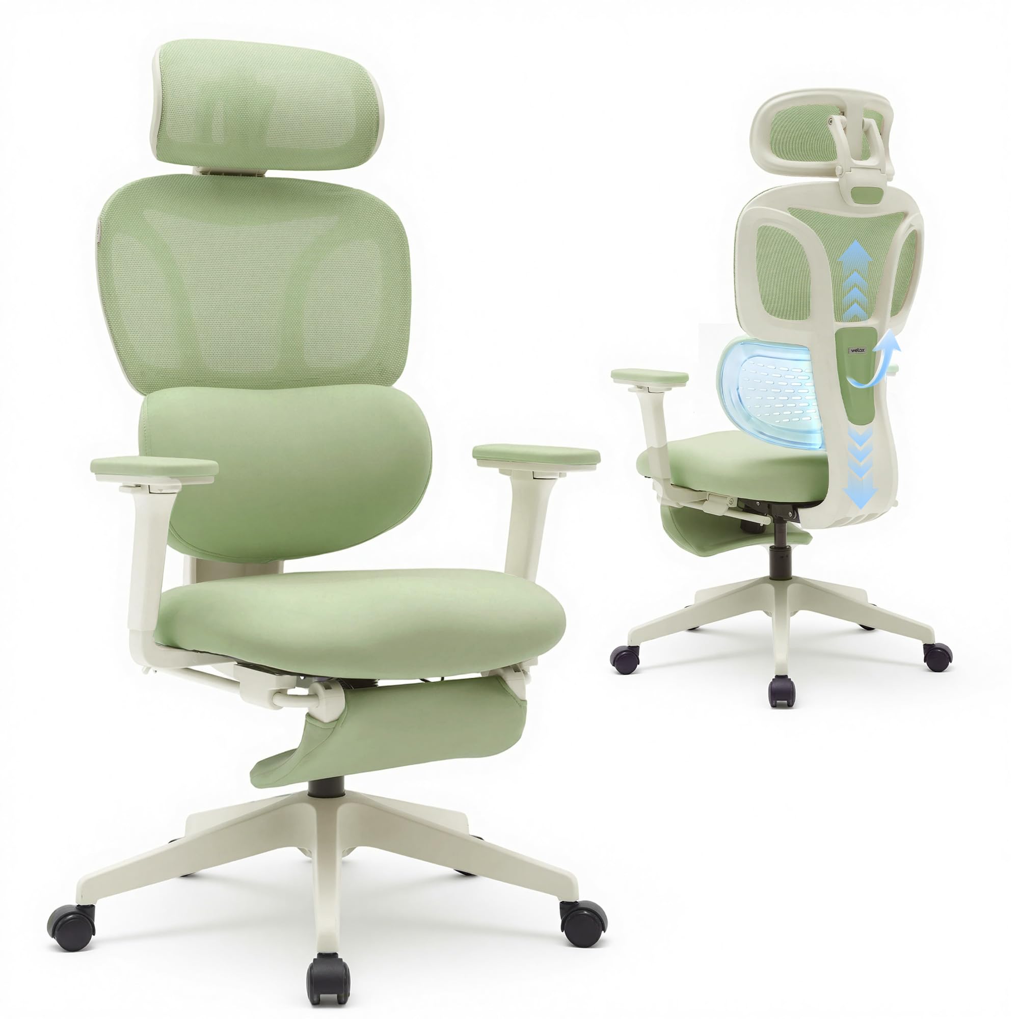 WELAX S3 Pro Ergonomischer Bürostuhl mit Netzbezug, Fußstütze und Verstellbarer Kopfstütze – Hochlehniger Schreibtischstuhl mit Lendenwirbelstütze für Homeoffice, Computer und Gaming, Grün