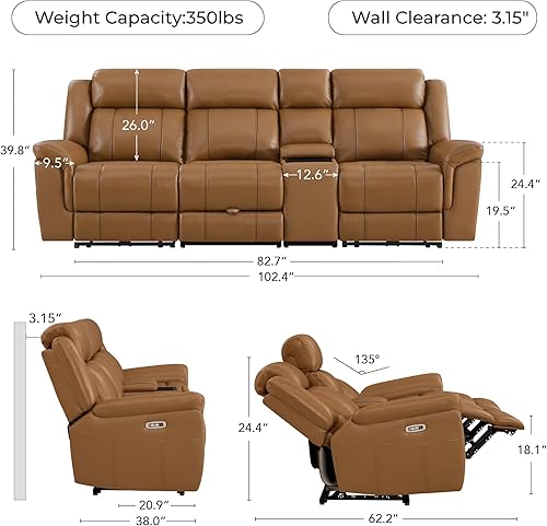 Miniatura 2 de CHITA Sofá reclinable eléctrico de cuero auténtico, sofá reclinable de pared con mesa desplegable, consola, reposacabezas eléctrico, cajones,