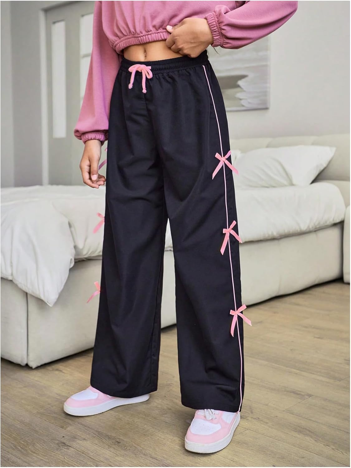QJQ Girls Wide Leg Elastic High Waisted Bow Side Pants Sweatpants Track Pants Trousers Casual Streetwear Ages 8-12 - Image 6