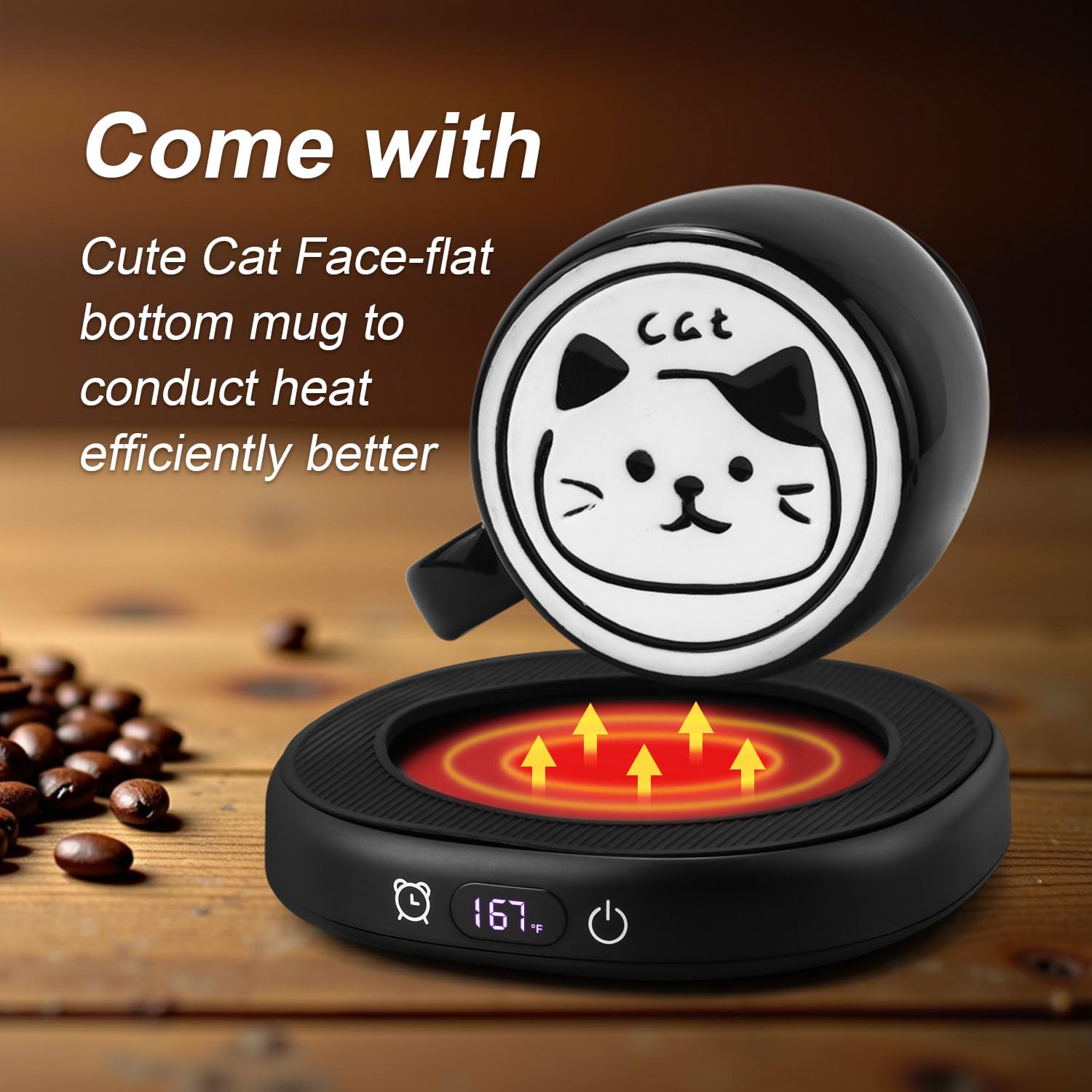 Calentador de tazas de café con bonito juego de tazas de gato, calentador de tazas de apagado automático de 8 horas para escritorio, oficina, hogar, calentador de café eléctrico con 4 ajustes de