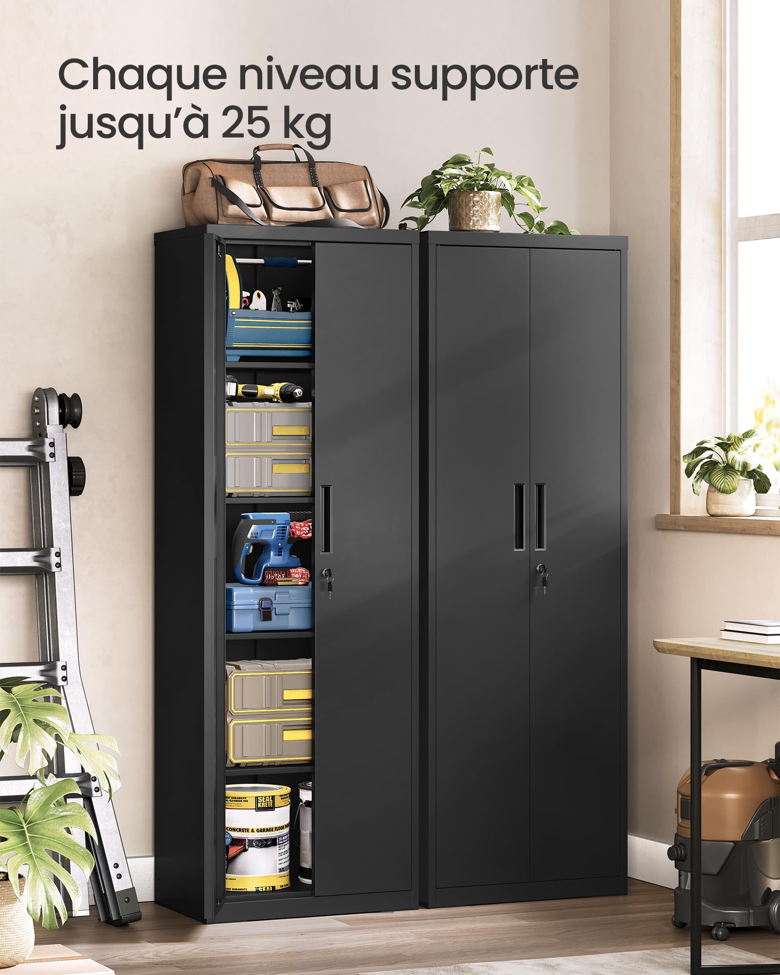 SONGMICS OMC015W01 Archiefkast, multifunctionele kast, stalen opbergkast, 5 niveaus, dubbele deuren, slot, gereedschapskast, verstelbare planken, geschikt voor garage, kantoor en woonkamer, wit