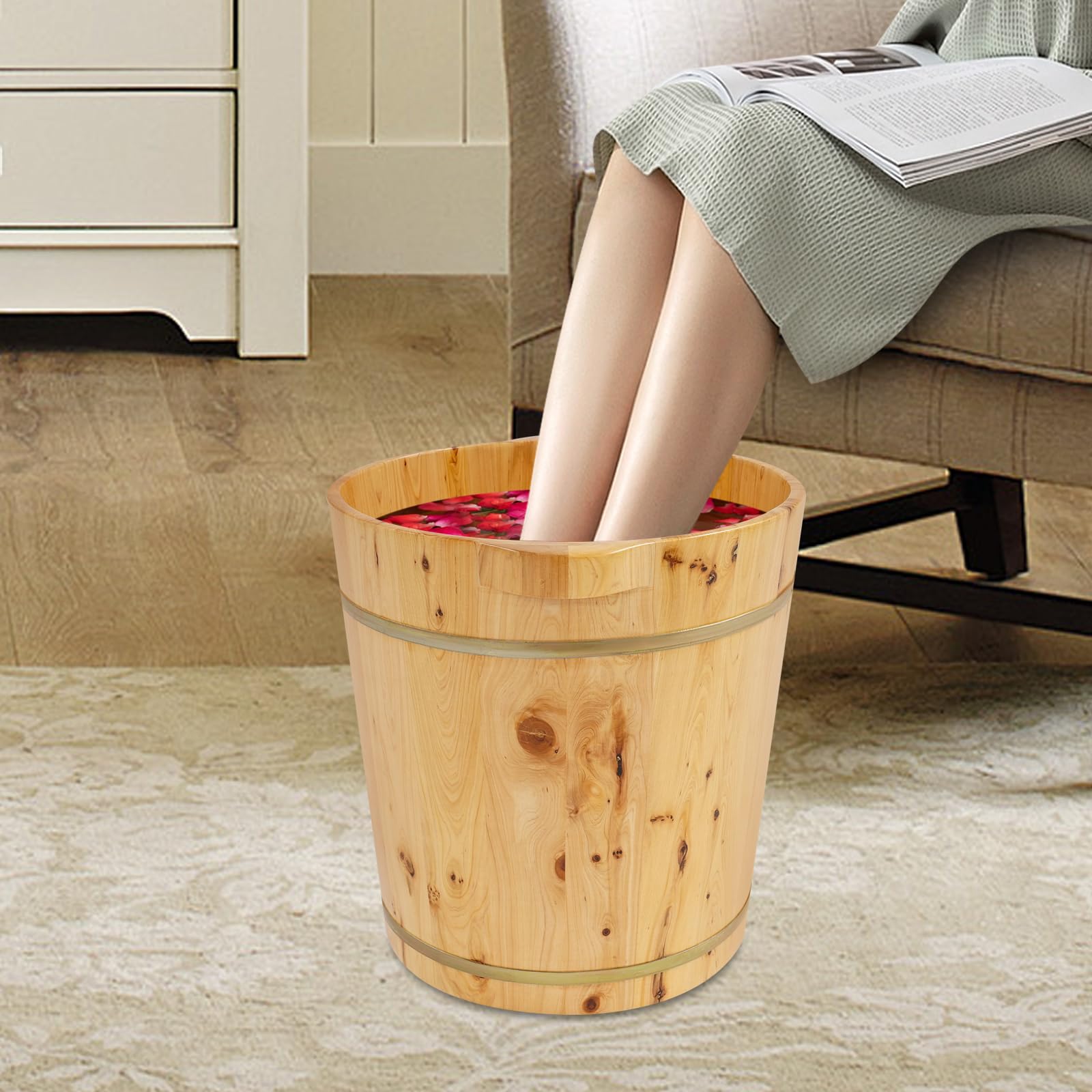 Wanna nożna, drewniana, duża, okrągła, 40 cm wysokości, wiadro do kąpieli stóp, praktyczne miseczki do pedicure do centrów wellness, sauny i hoteli (36,5 x 40 cm)