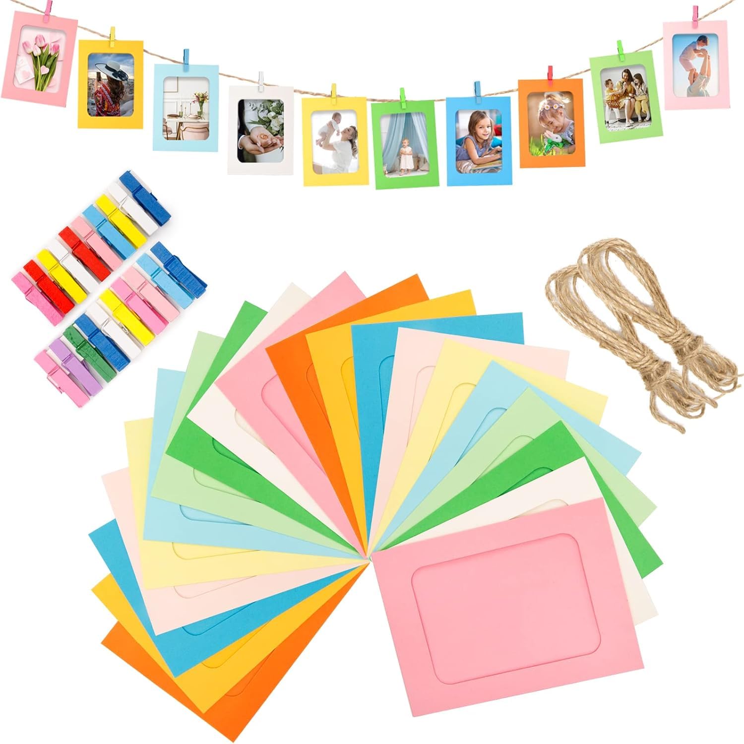 Set 30 Cornici Portafoto In Carta 10x15 Cm Con Clip Legno E Corda | Decorazione Parete Fai Da Te, Per Casa O Eventi - Foto 9