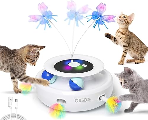 Miniatura 10 de ORSDA Juguete para gatos, juguete interactivo electrónico automático 3 en 1 con plumas de emboscada en movimiento, mariposa revoloteante, bolas de