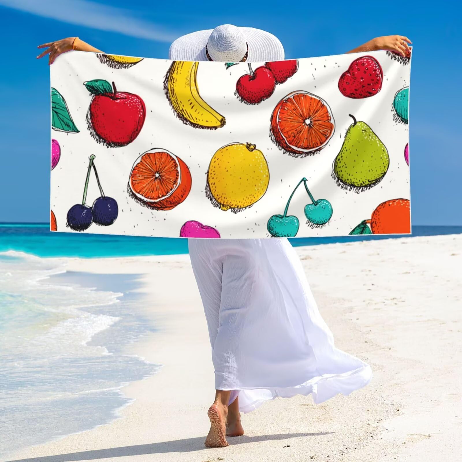 Telo Mare Microfibra xxl Grande Asciugamano da Spiaggia, 100x180cm Asciugatura Rapida Telo in Cotone Morbido, Antisabbia Mare Coperta da Spiaggia per Campeggio, Palestra, Piscina, Viaggio frutta G-489