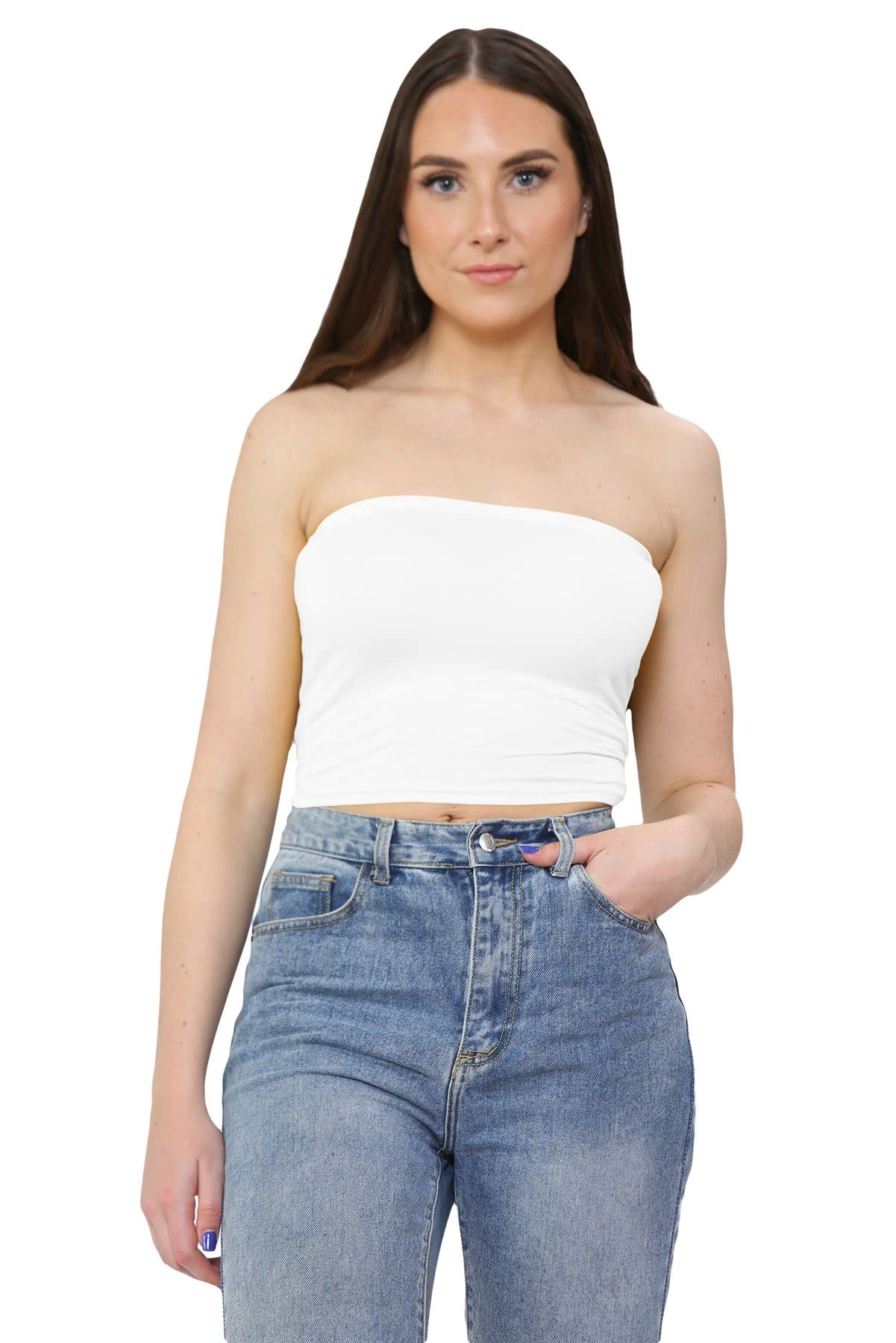 Janisramone Women's White Janisramone® Bandeau Crop Top, Stretchy Strapless Boob Tube Style Summer Tops - Crop Tops For Ideal Going Out Tops For Uk
