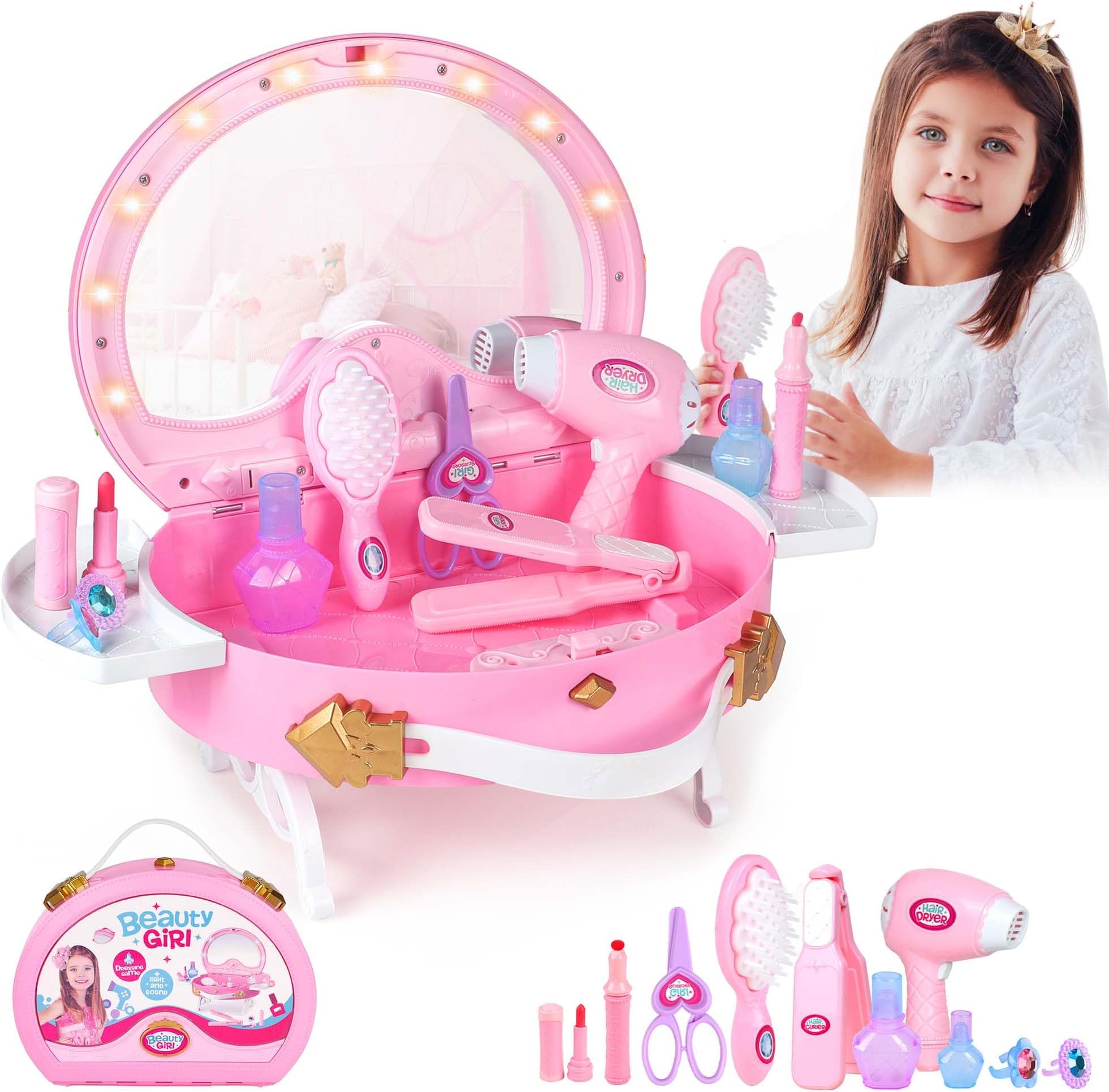 Toddler Vanity - Kids Pretend Play Princess Vanity Set with Mirror & Makeup Accessories, Lights and Music, Princess Vanity for Little Girls, Toddler Girl Toys