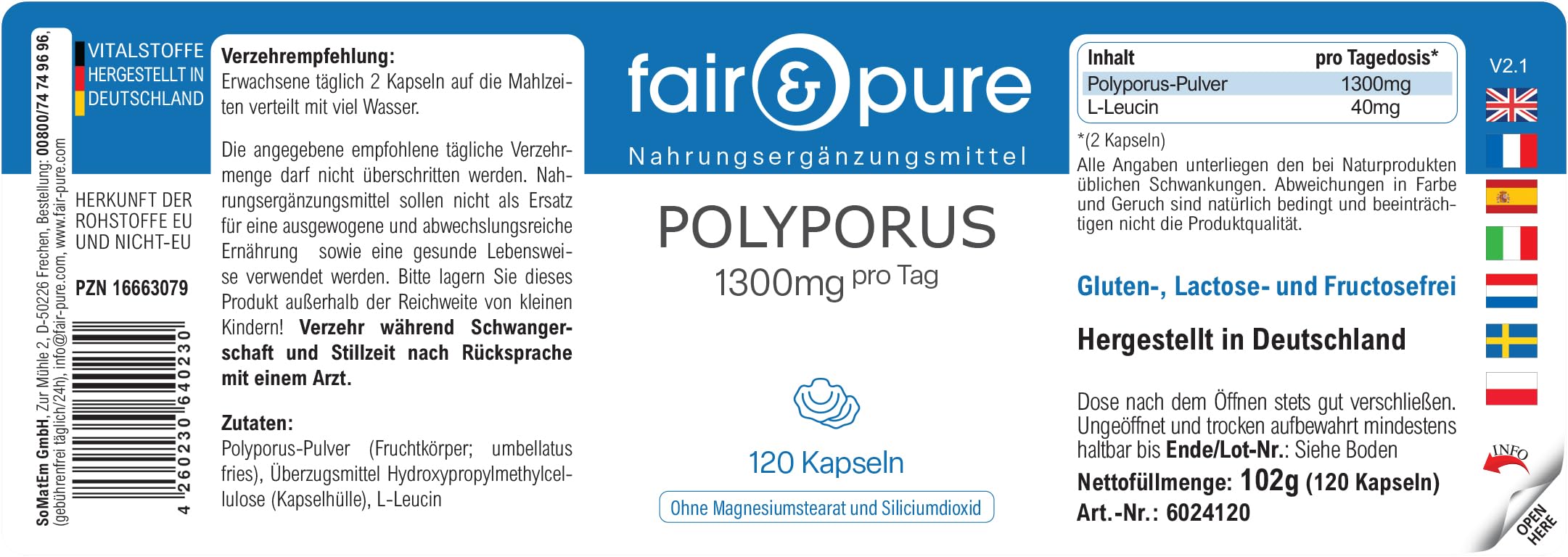 Fair & Pure® - Polyporus umbellatus - Polyporus 1300mg - Vegan - Polvere in capsule - 120 Capsule