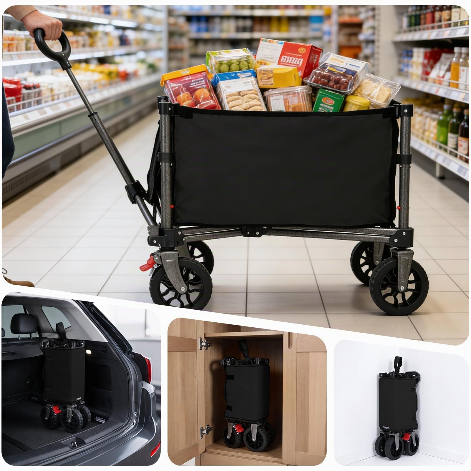 YEAUPE PRO Carrello con Ruote Portatile – 70L, 50kg carico max. – Pieghevole, con zip laterale, rete e manico telescopico – Ideale per campeggio, ufficio e casa – Nero Carbone