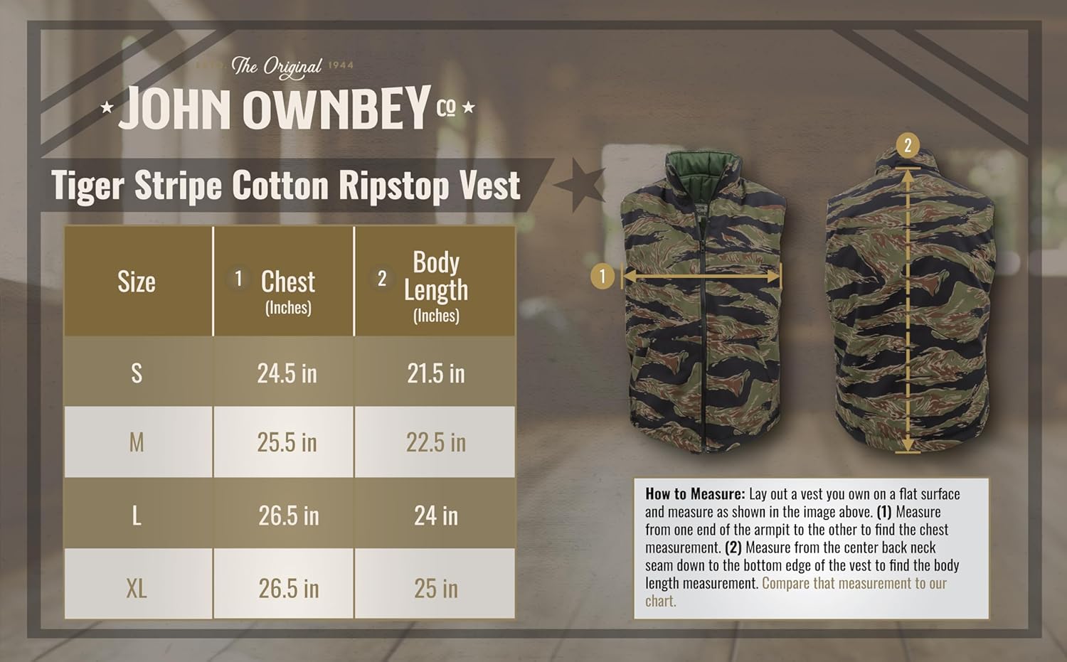 John Ownbey Tiger Stripe Cotton Ripstop Vest W/Quilted Lining - Made in the US