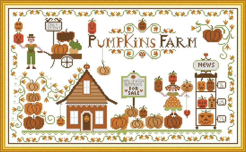 CaptainCrafts Cross Stitch Kits, Stamped Cross Stitch Preprinted Fabric DIY Art Embroidery Kits Needlework Crafts (Preprinted 11CT, Pumpkin Farm B)