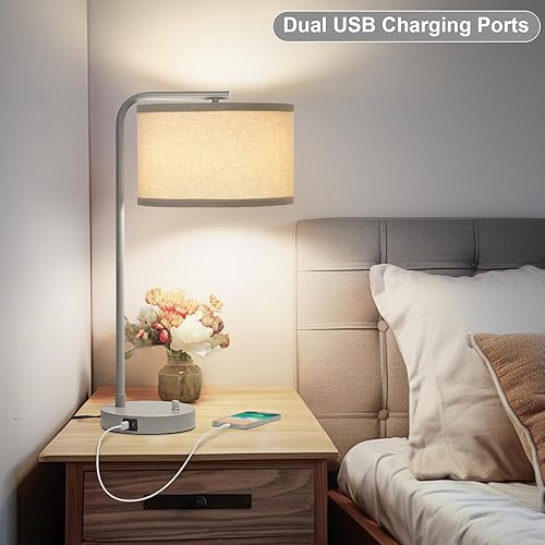 Miniatura 4 de Lámpara de mesa con puertos USB C+A, lámpara de mesita de noche totalmente regulable para sala de estar, lámpara de noche gris moderna, lámpara de