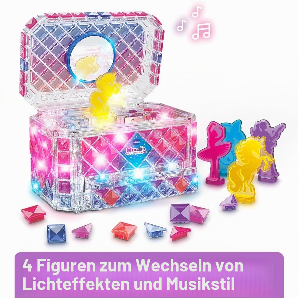 VTech - Mosaic Magic Lights Schmuckschatulle – Mosaik-Set für Kinder – personalisierbare Geheimnisbox mit Lichteffekten und Musik – kreatives und DIY-Spiel – Geschenk für Kinder ab 5 Jahren – Inhalt